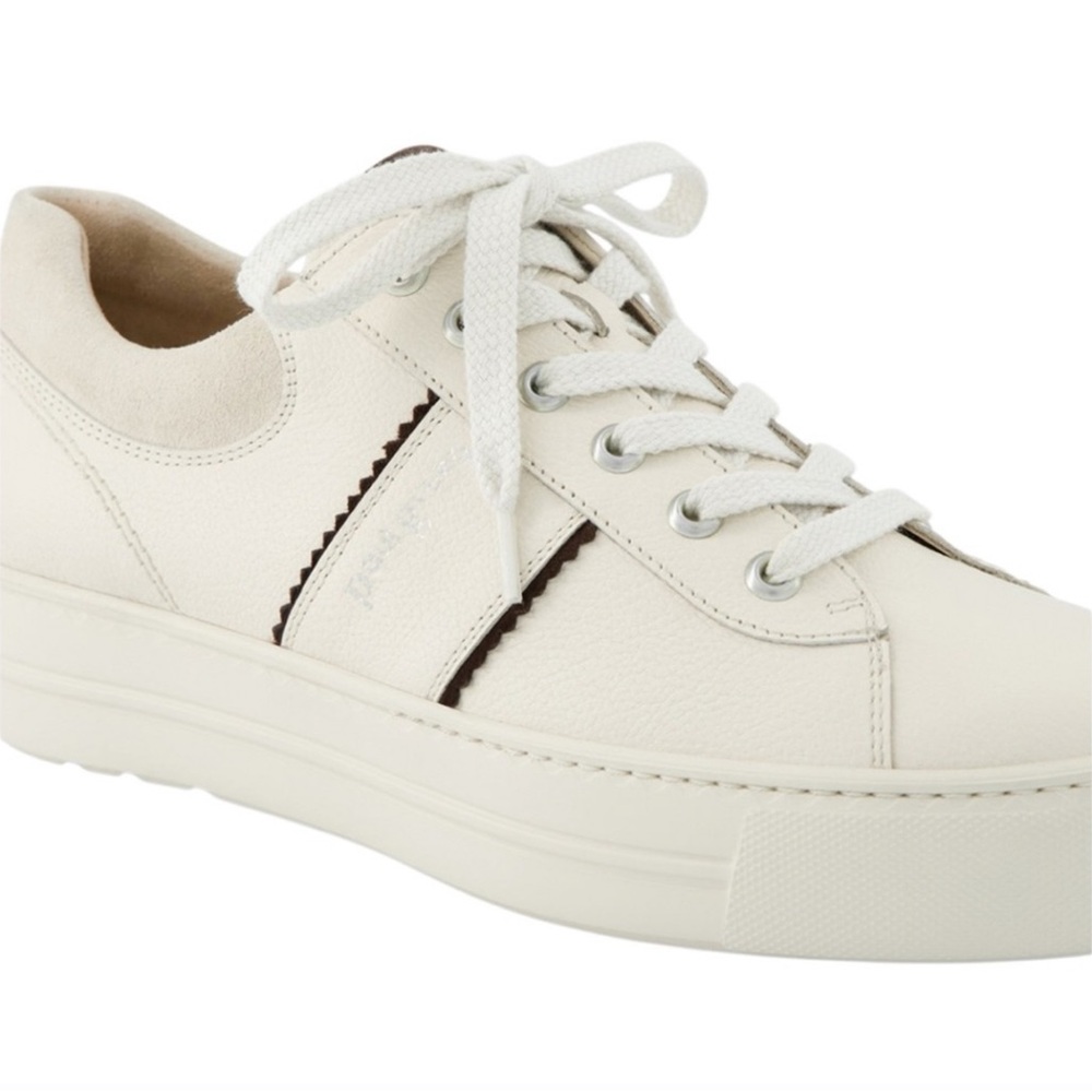 Pearl white, brown leather combo sneakers. Women’s US sizes Never worn